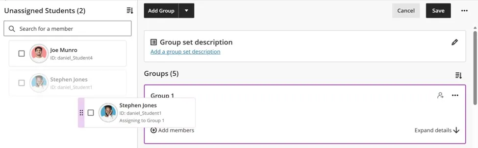 Interface showing a user dragging a student profile from an Unassigned Students list into a specific group folder.