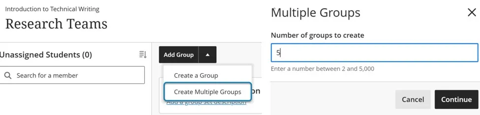Two-part screenshot showing the selection of "Create Multiple Groups" and a dialog box setting the number of groups to 5.