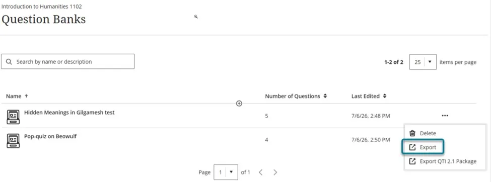 A Question Banks menu where the options dropdown is open for a specific quiz, highlighting the Export function.