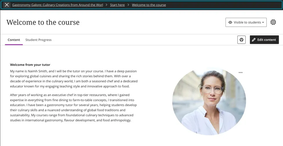 A course welcome page featuring a tutor introduction and photo, with the top breadcrumb navigation trail highlighted in a teal box.