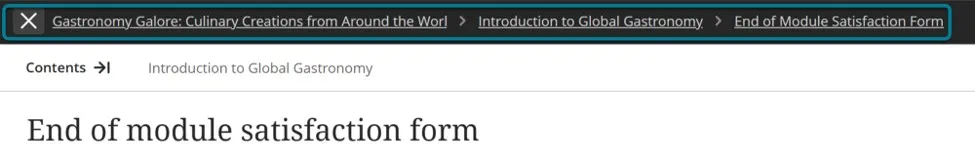Close-up of a website breadcrumb navigation bar highlighted in a teal box, showing the path to an End of module satisfaction form.
