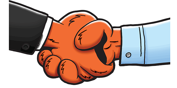 An image of a human hand shaking a Bearkat hand