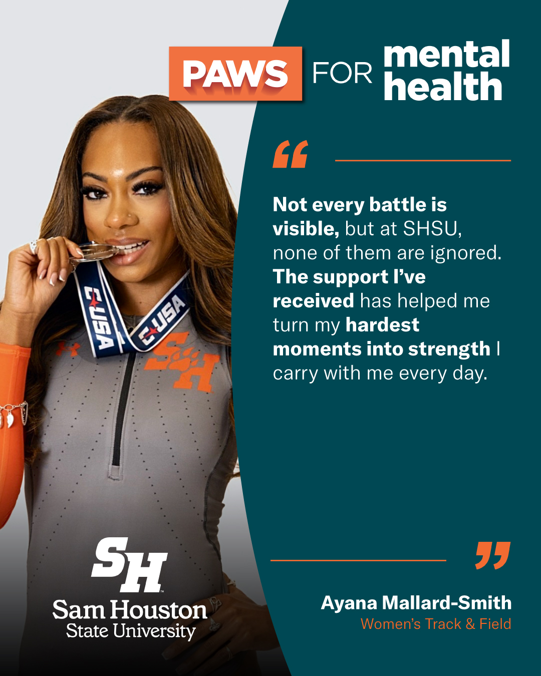 Photo of women's track and field athlete with quote