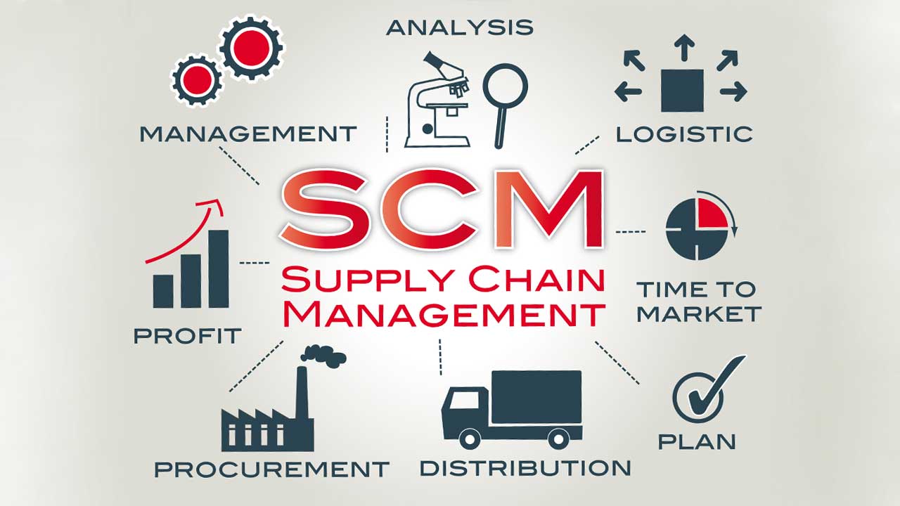 Words and images describing supply chain managment such as analysis, management, plan, profit, and logistics.