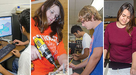 A photo collage of students learning engineering.