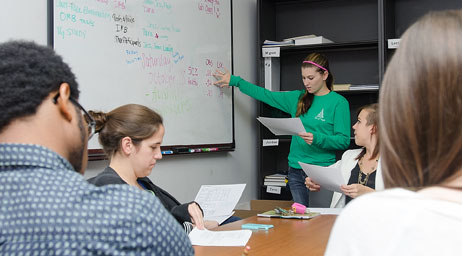 A group of students are working together in front of a whiteboard.