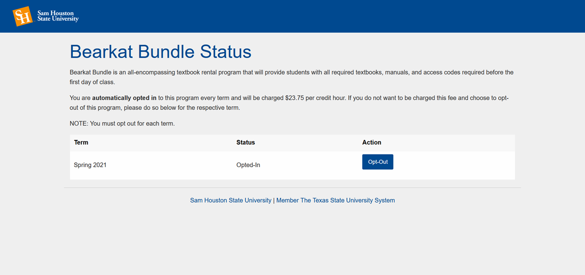 SamWeb Opt-Out Screen In Samweb, click blue buttons to opt out or opt in. These buttons are located to the right of the screen and adjacent to the semester that you would like to opt out or opt in for.