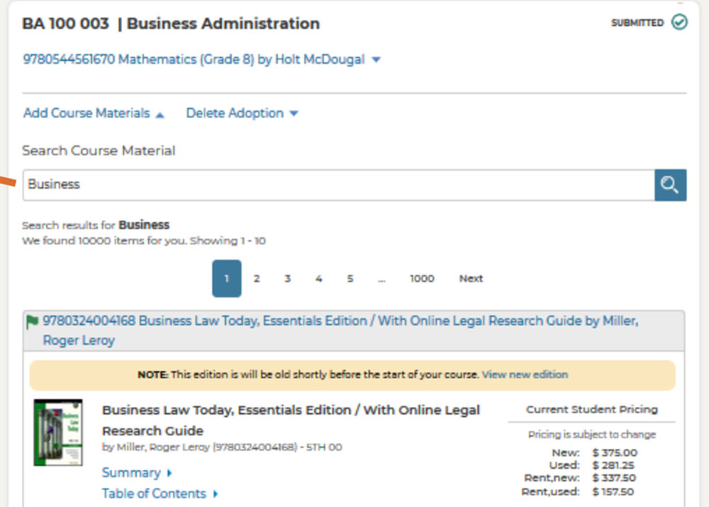 the add course materials dropdown with a line pointing to the keyword search bar with the text business typed in under the header search course material