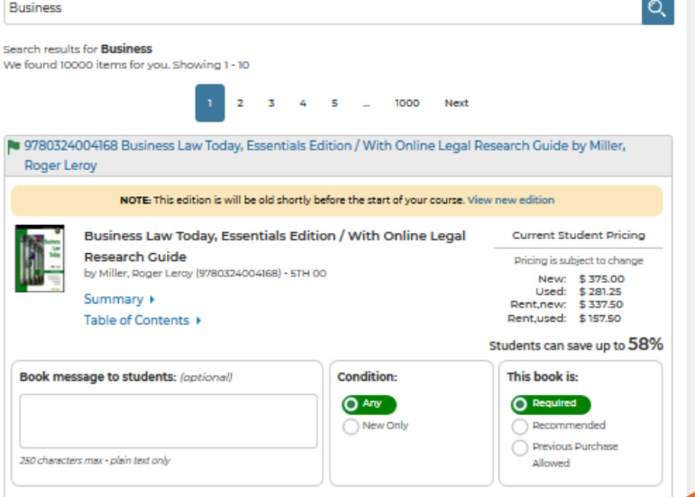 showing the first result for the search business to review settings such as the boxes for current student pricing, book message to students, condition (any or new only), and this book is (required, recommended, previous purchase allowed) 