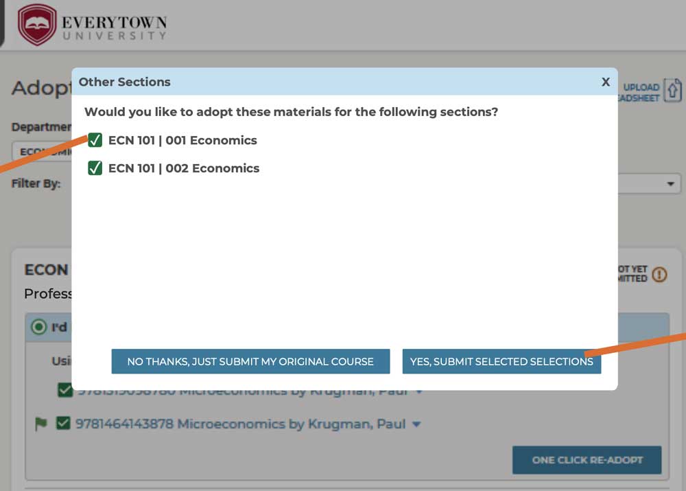 popup window titled other sections with lines pointing to the checkbox to the left of ecn 101 001 economics and the button titled yes submit selected selections