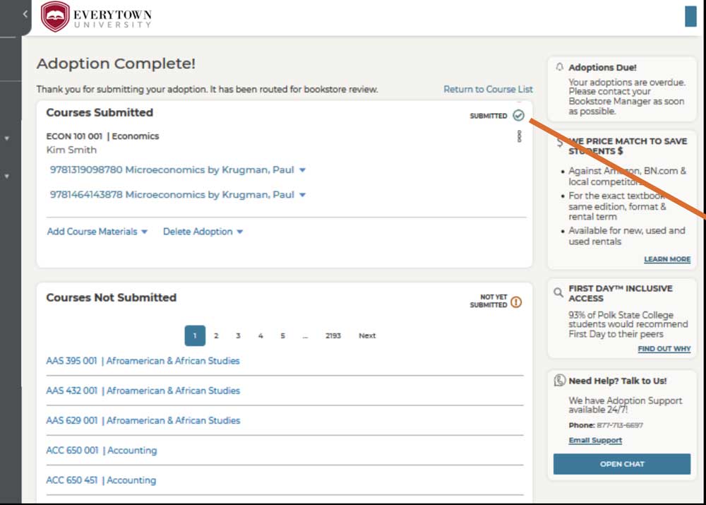 bnc adoption complete page with a line pointing to the submitted text in the courses submitted section