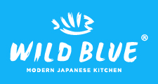 A white brush styled fish logo for Wild Blue A Modern Japanese Kitchen