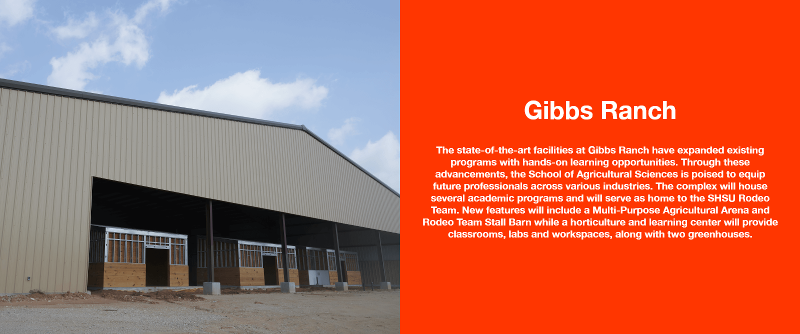 The state-of-the-art facilities at Gibbs Ranch have expanded existing programs with hands-on learning opportunities. Through these advancements, the School of Agricultural Sciences is poised to equip future professionals across various industries. The complex will house several academic programs and will serve as home to the SHSU Rodeo Team. New features will include a Multi-Purpose Agricultural Arena and Rodeo Team Stall Barn while a horticulture and learning center will provide classrooms, labs and workspaces, along with two greenhouses.