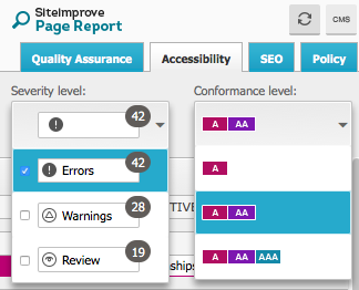 Siteimprove selection menus example