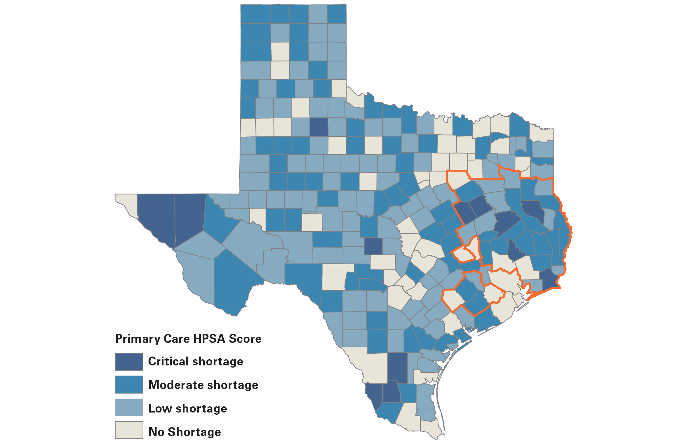 Map showcasing a critical primary care shortage in Southeast Texas.