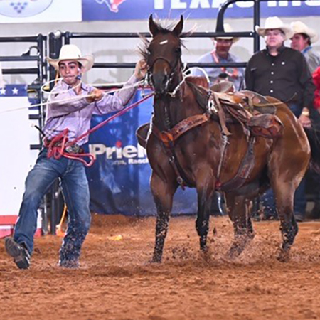 Bradlee Miller competing in tie-down roping at Texas High School Rodeo Association finals