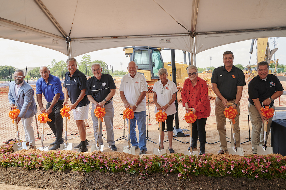 (left to right) Charlie Carrión, Jim Jamail, Rob Hubbard, Bobby Williams, Chuck Beckner, Wanda Backner, Alisa White, Matt Bethea and Juan Nunez dig their shovels in during the ground breaking ceremony.