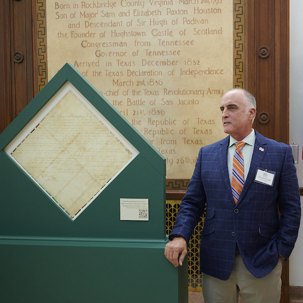 Museum Director, Derrick Birdsall addresses the crowd during an event commemoration Sam Houston's inauguration.